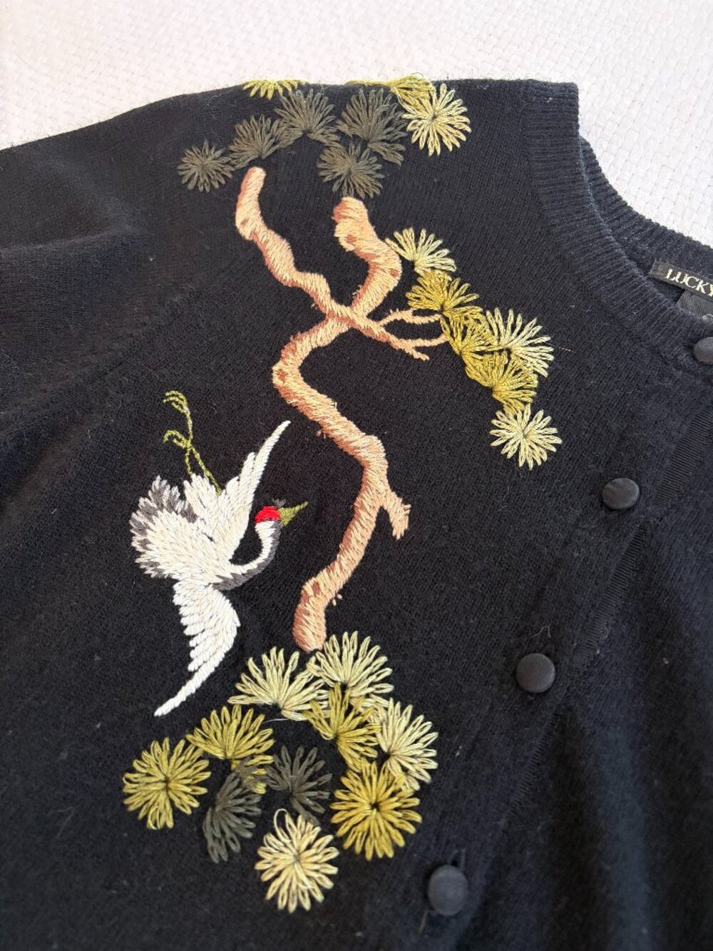 Vintage Retro Lucky Brand Angora Blend Cardigan with Crane and Bonsai Embroidery - Picture 4 of 7